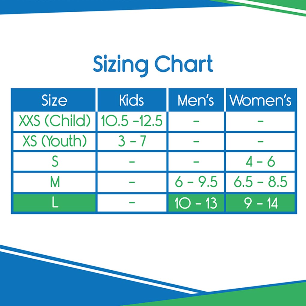 Sizing chart for shoes with size ranges for Kids, Men's, and Women's on a blue and green background.