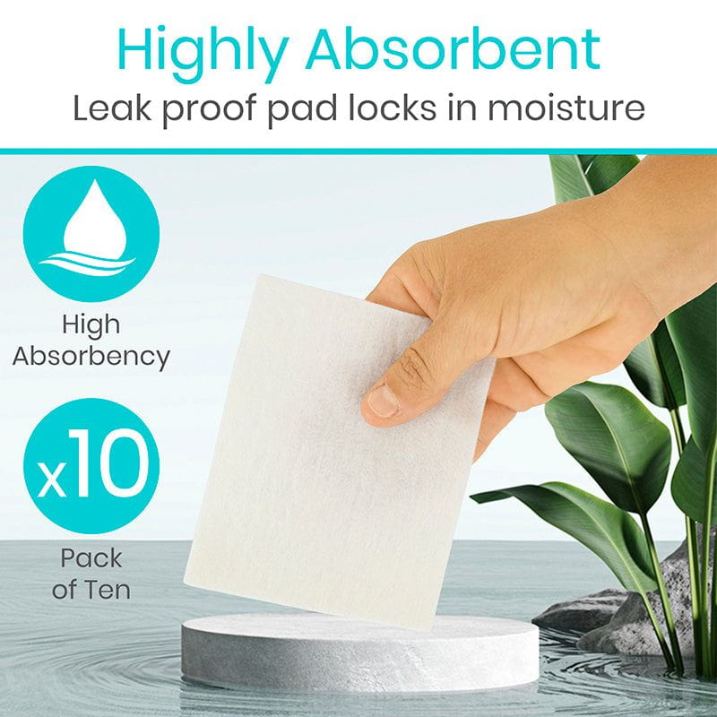 Hand holding a highly absorbent pad with text and icons on a white background