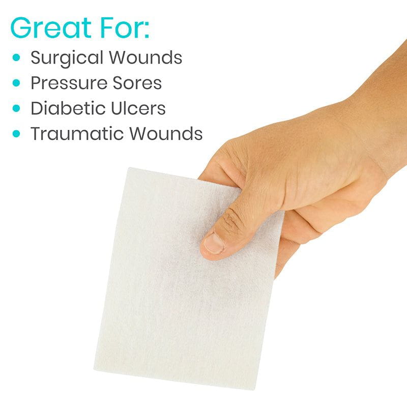 Hand holding a white bandage with text indicating its use for surgical wounds, pressure sores, diabetic ulcers, and traumatic wounds on a white background.