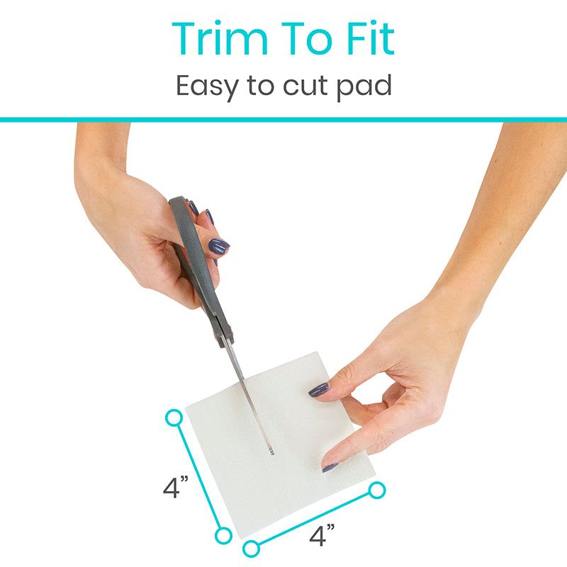 Person cutting a square piece of paper with scissors, labeled 'Trim To Fit Easy to cut pad'.