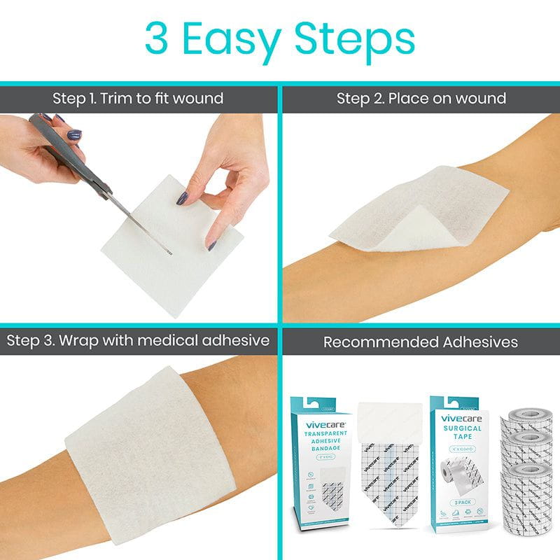 Instructions for applying a medical bandage with Vivecare adhesive products.