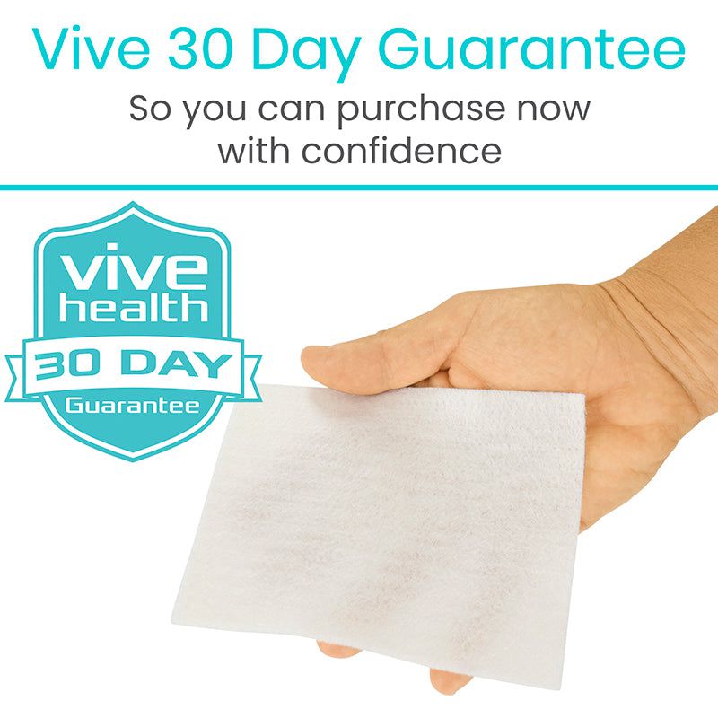 Hand holding a white square product with 'Vive Health' 30-day guarantee text and logo on a white background.