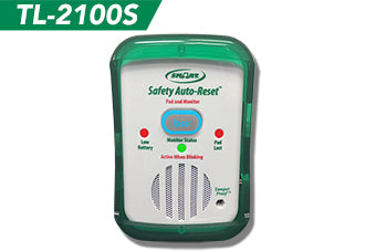 Safety device with green and white design on a white background