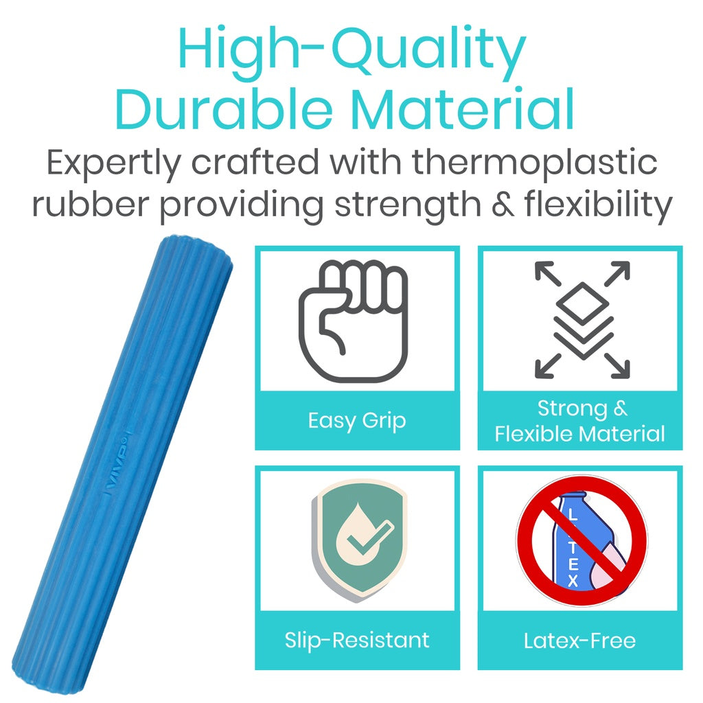 Blue textured object with features listed on a white background