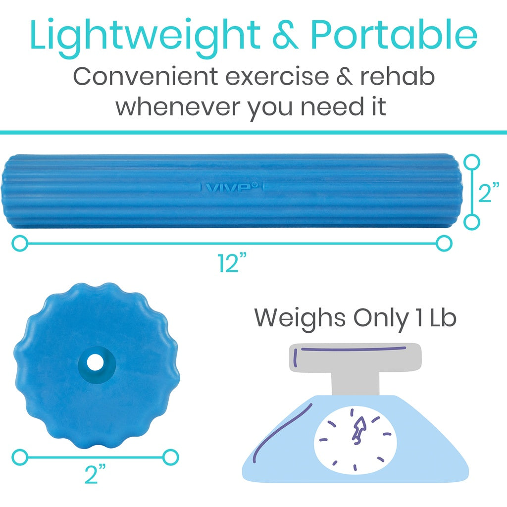 Blue exercise roller with measurements and text about its lightweight and portable nature.