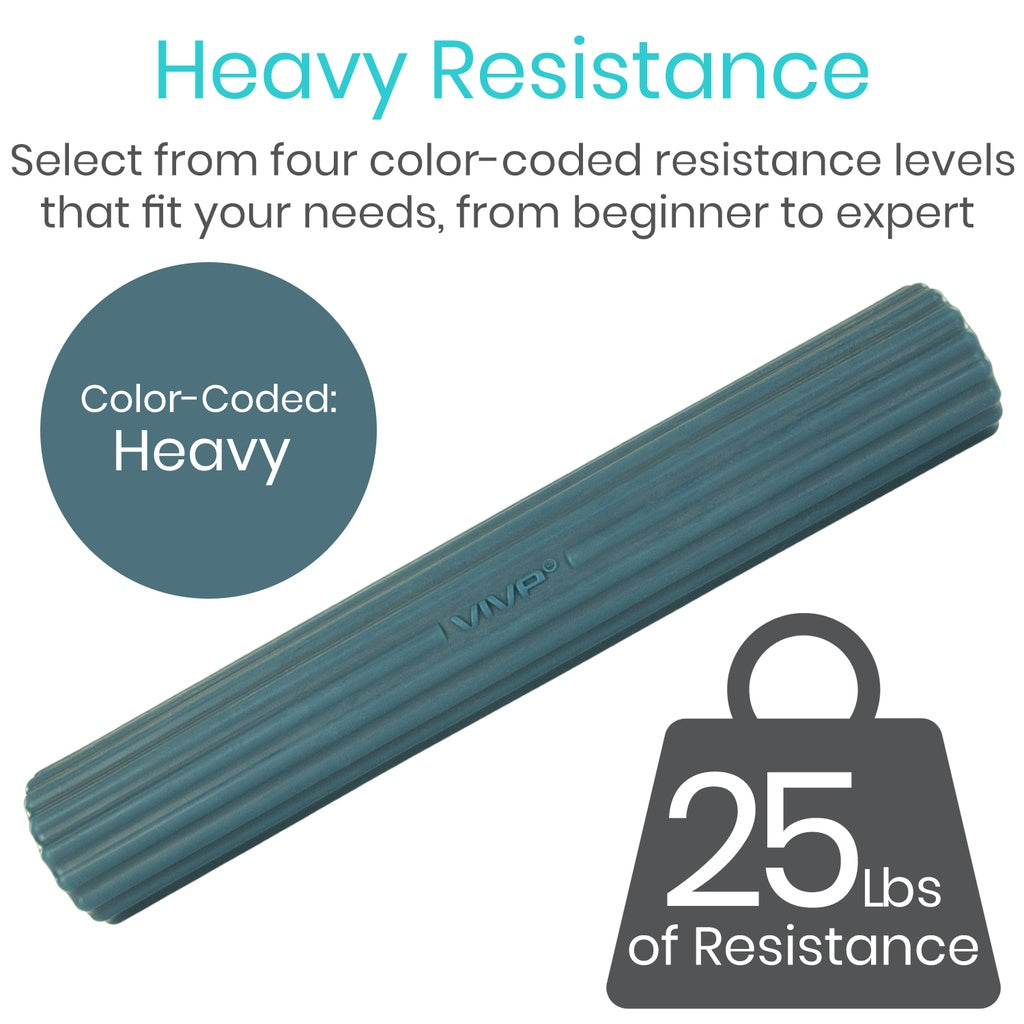 Teal resistance band with 'Heavy' label and weight indicator on a white background