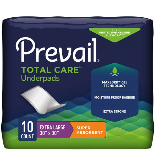 Package of Prevail Total Care Underpads with product details on a white background