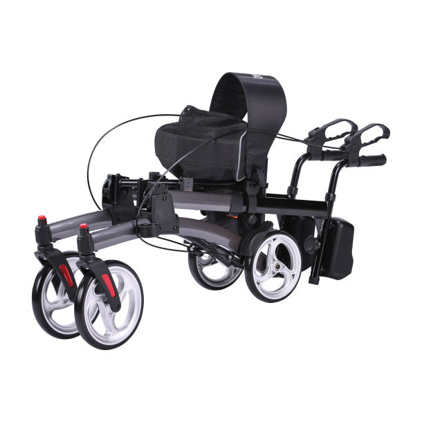 Black and gray mobility scooter with large wheels on a white background