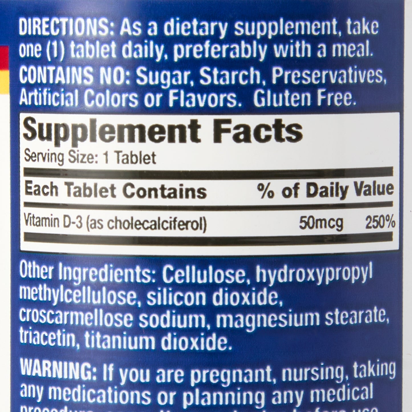 Supplement label with directions, ingredients, and nutritional information on a blue background