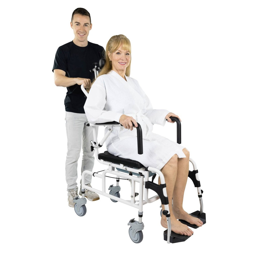 MOB1082WHT
Reclining Shower Commode Transport Chair woman in chair with a caregiver