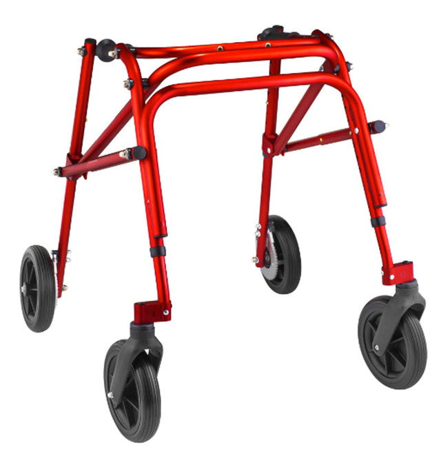 Red walker with wheels on a white background