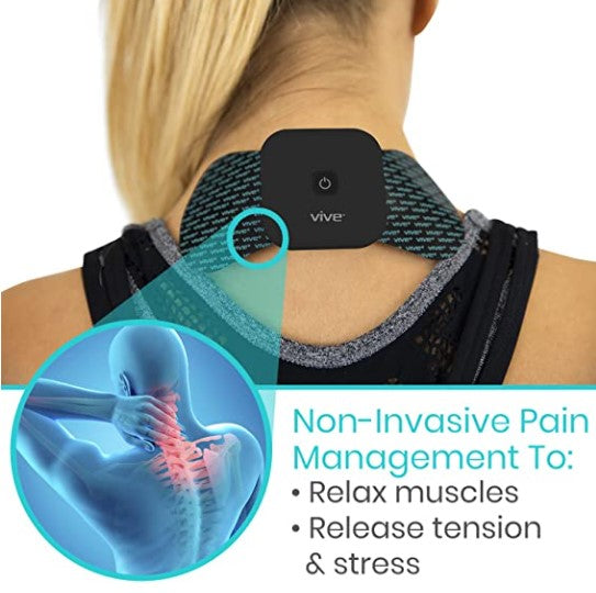 Person wearing a Vive device on their neck with text about non-invasive pain management.