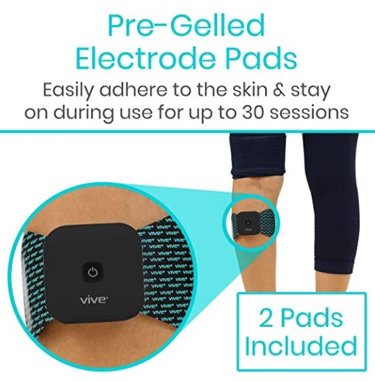 Pre-gelled electrode pads with a device on skin, labeled 'Vive', for up to 30 sessions.