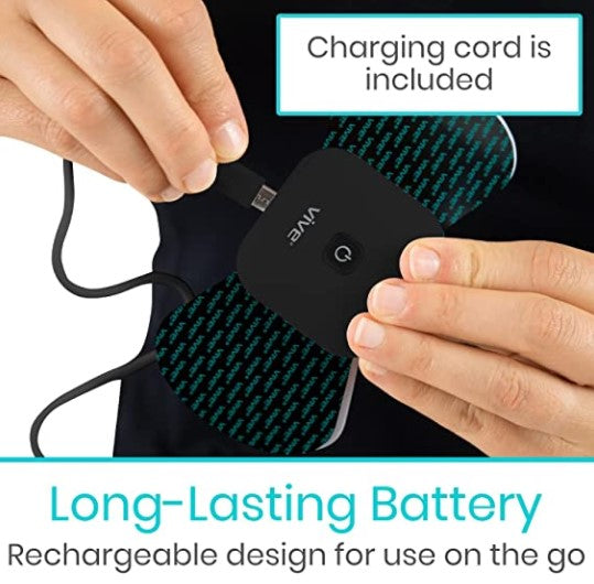 Person plugging a charging cord into a device with text about a long-lasting battery and included charging cord.