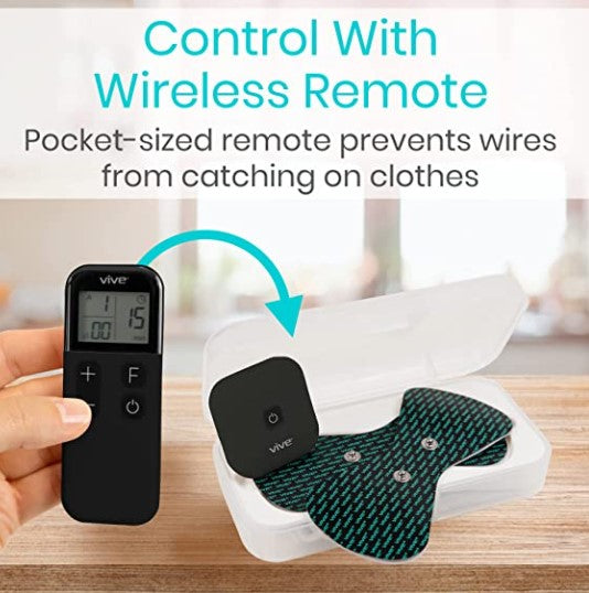Vive pocket-sized remote control with wireless remote and device on a wooden surface