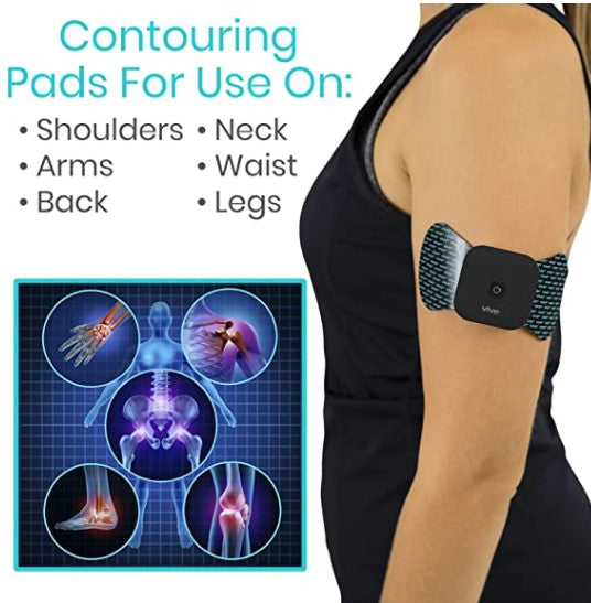 Person wearing a contouring pad on their arm with product usage information and anatomical illustrations.