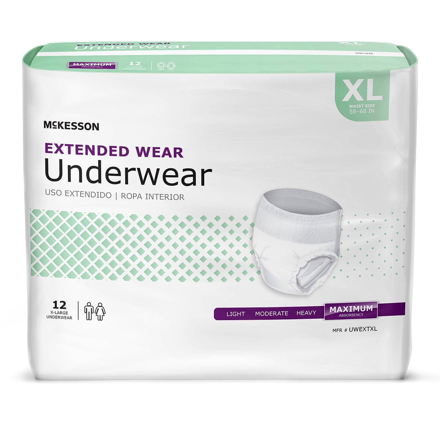 Box of McKesson Extended Wear Underwear with size XL on a white background
