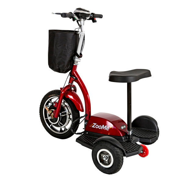 Red three-wheeled mobility scooter with a black seat and basket on a white background