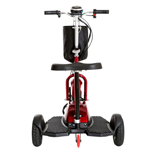 Three-wheeled mobility scooter with a seat on a white background