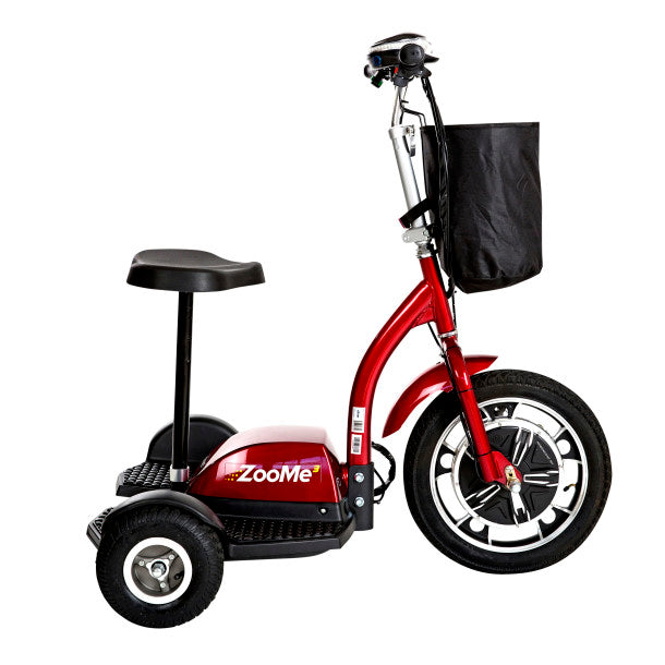 Red scooter with a black seat and basket on a white background