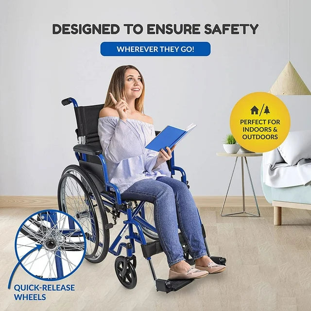 Woman using a wheelchair indoors with safety features highlighted