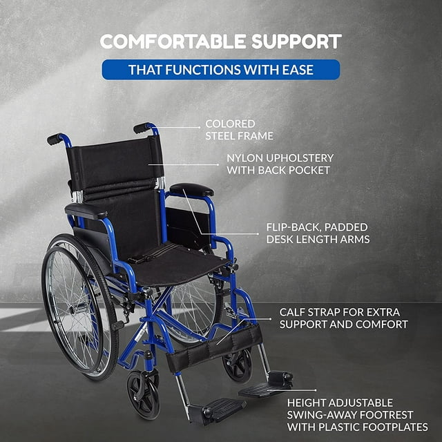 Wheelchair with labeled features on a gray background