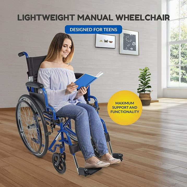 Lightweight manual wheelchair designed for teens with a person using it indoors.