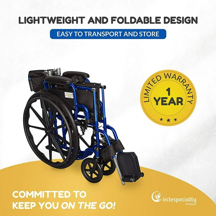 Blue wheelchair with text highlighting lightweight, foldable design, ease of transport and storage, and a one-year warranty.