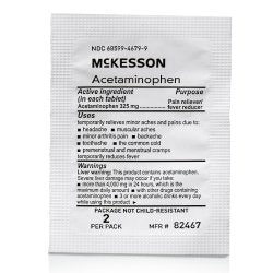 McKesson acetaminophen package with text on a white background