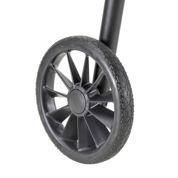 Close-up of a black wheel with a white background