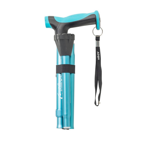 Blue folding cane with black handle and wrist strap on a white background