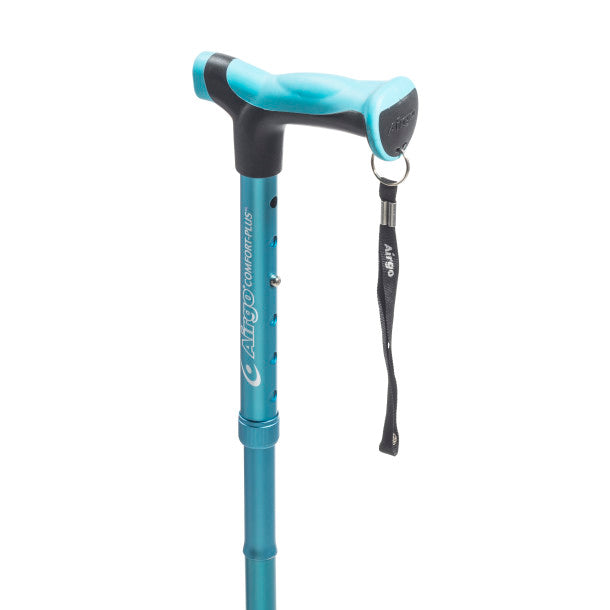 Blue walking cane with black handle on a white background