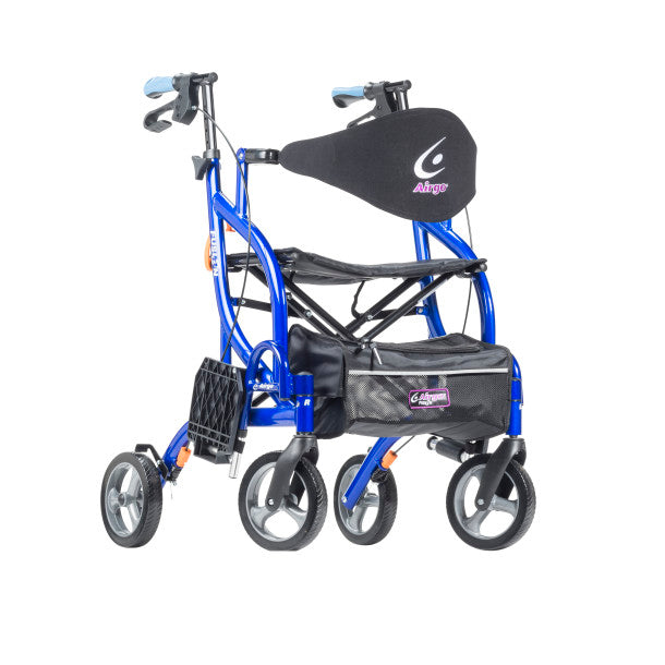 Blue walker with black seat and bags on a white background