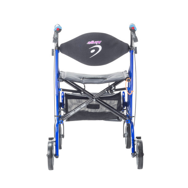 Blue wheelchair with a black seat cover on a white background