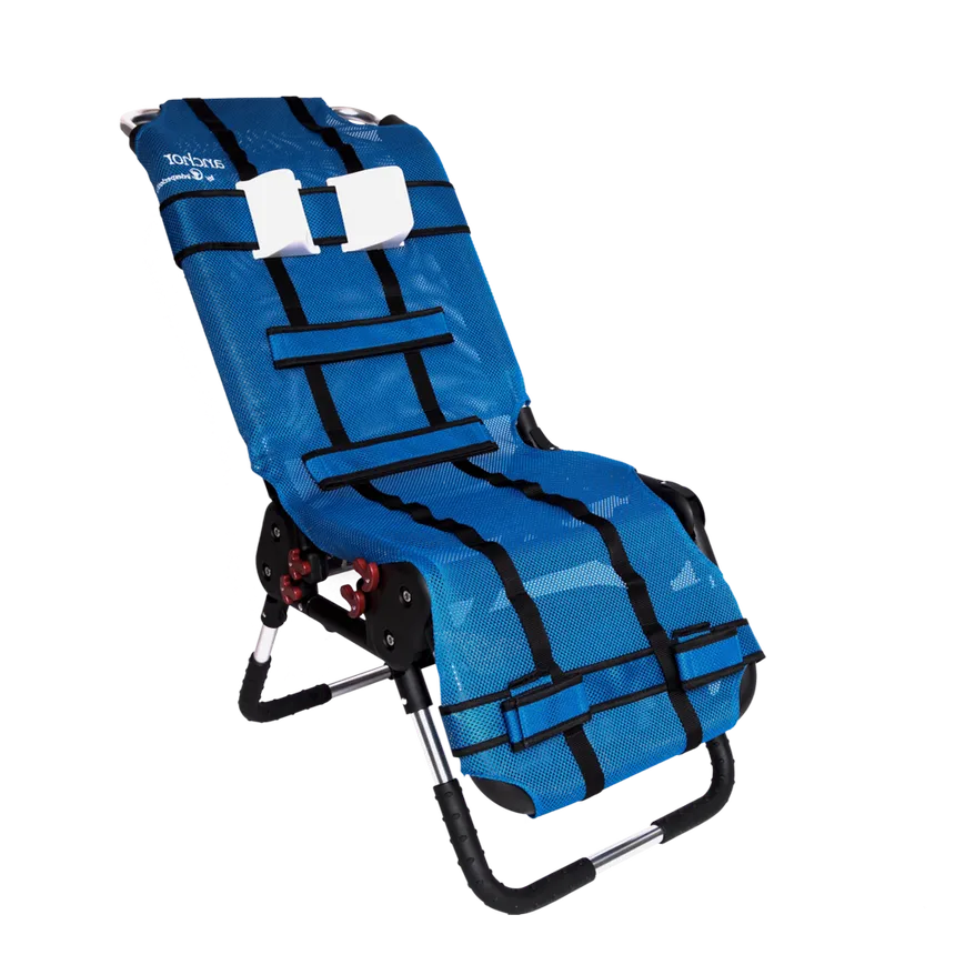 Blue folding chair with black straps on a white background
