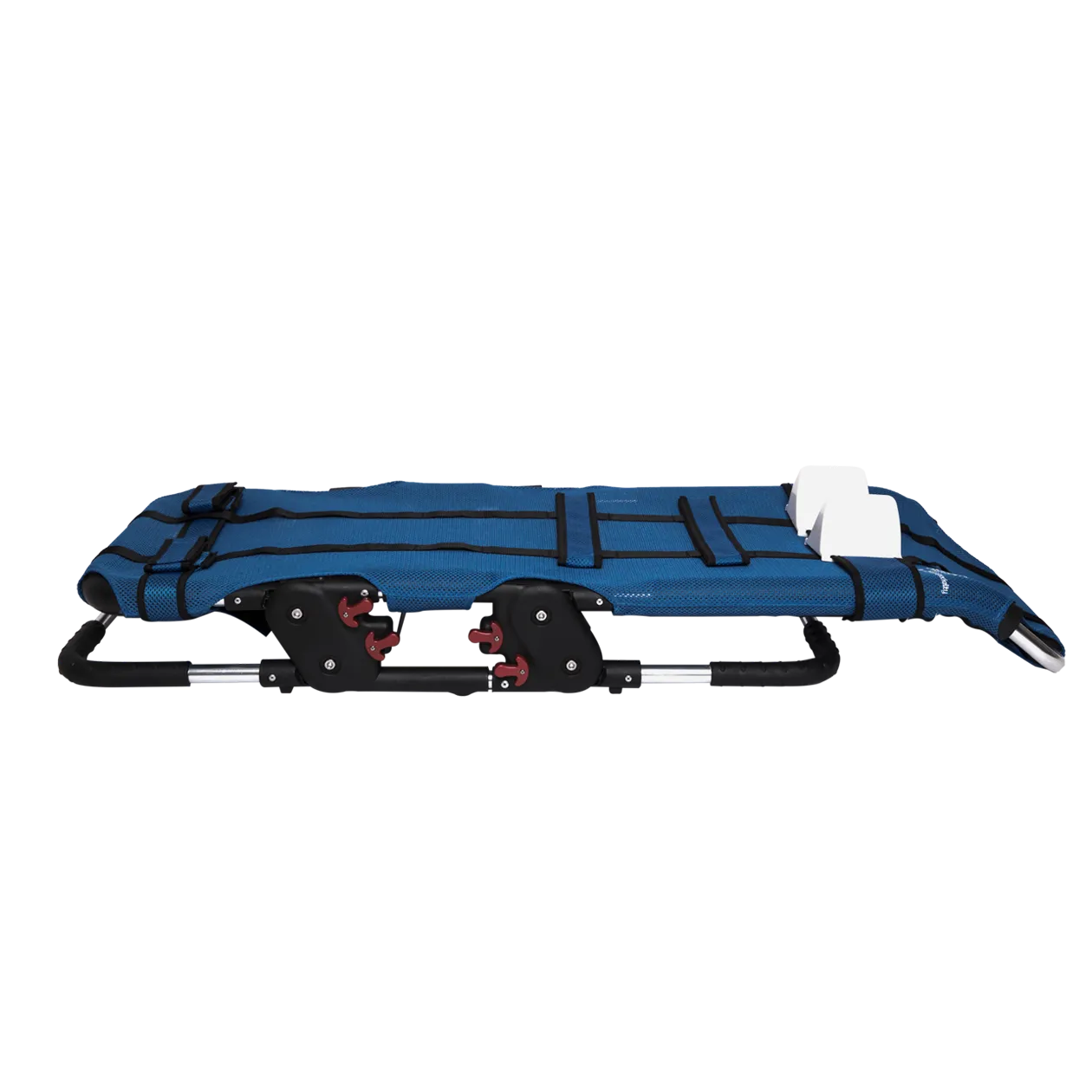 Blue and black folding stretcher on a white background