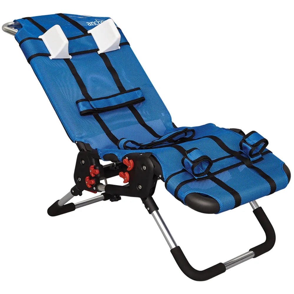 Blue folding beach chair with black straps on a white background