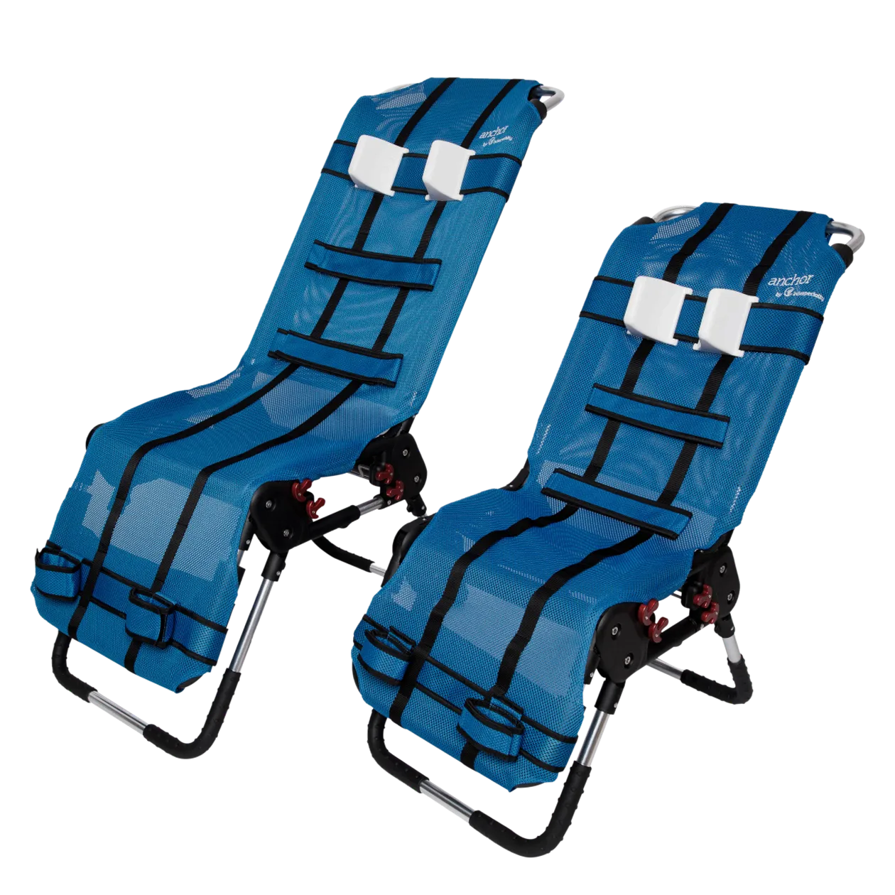 Two blue folding chairs with black straps on a white background