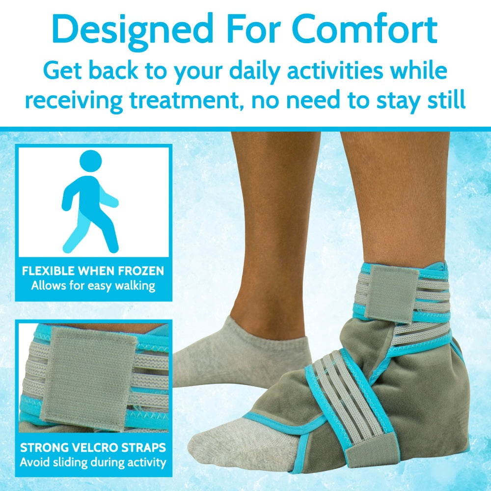 Foot treatment boot with text about comfort and mobility, on a blue background.
