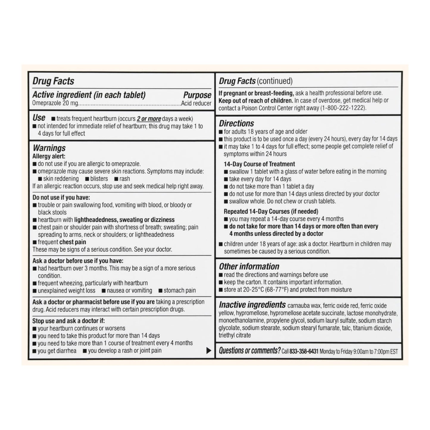 Drug facts label for a medication on a white background