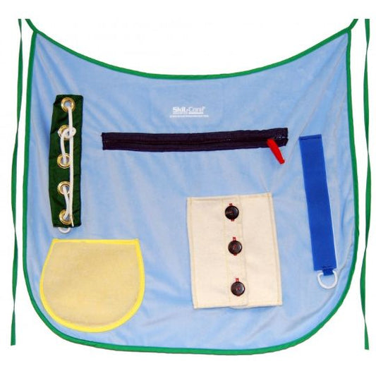 Blue apron with various attachments on a white background