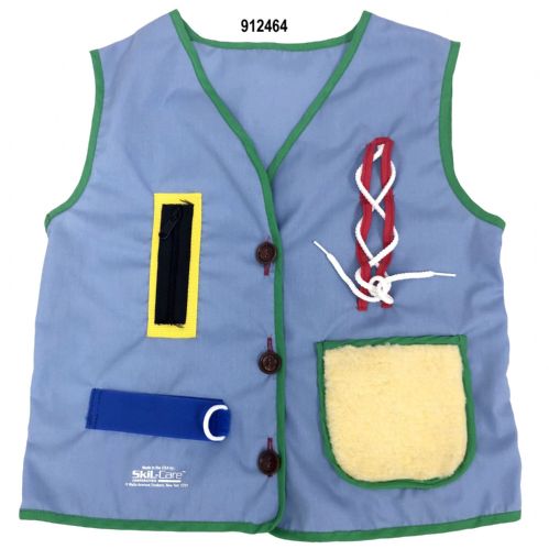 Blue vest with various pockets and a knot design on a white background