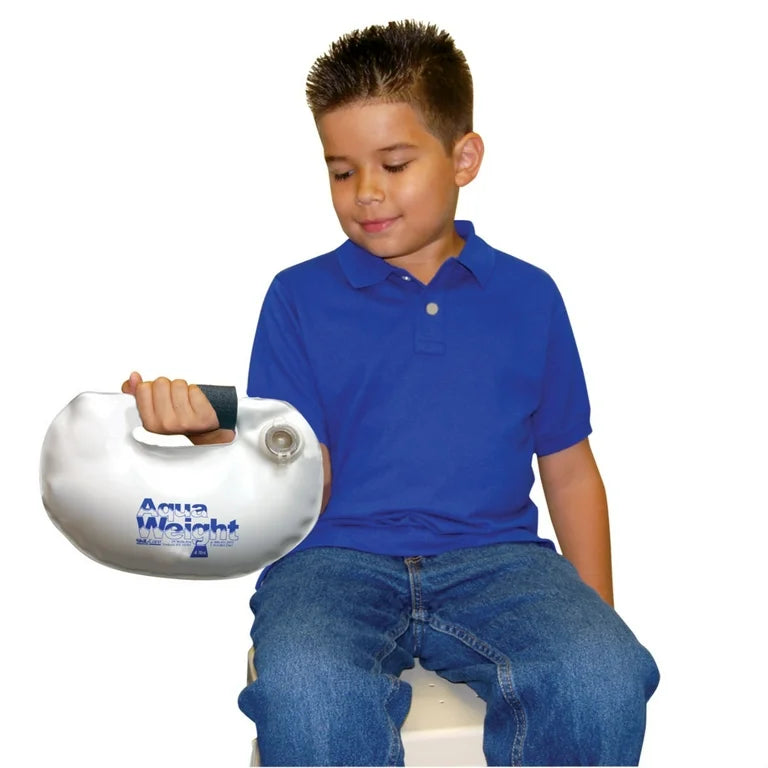 Child using a weighted seat cushion on a white background