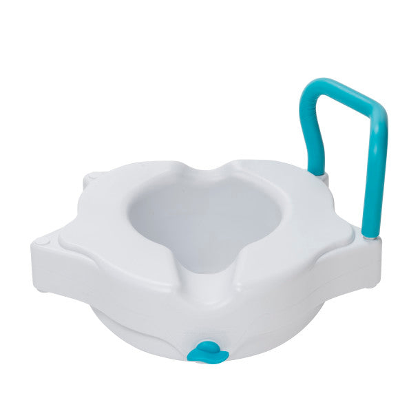 White and blue bath seat with handle on a white background