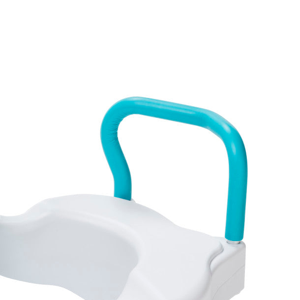 White toilet seat with a blue handle on a white background