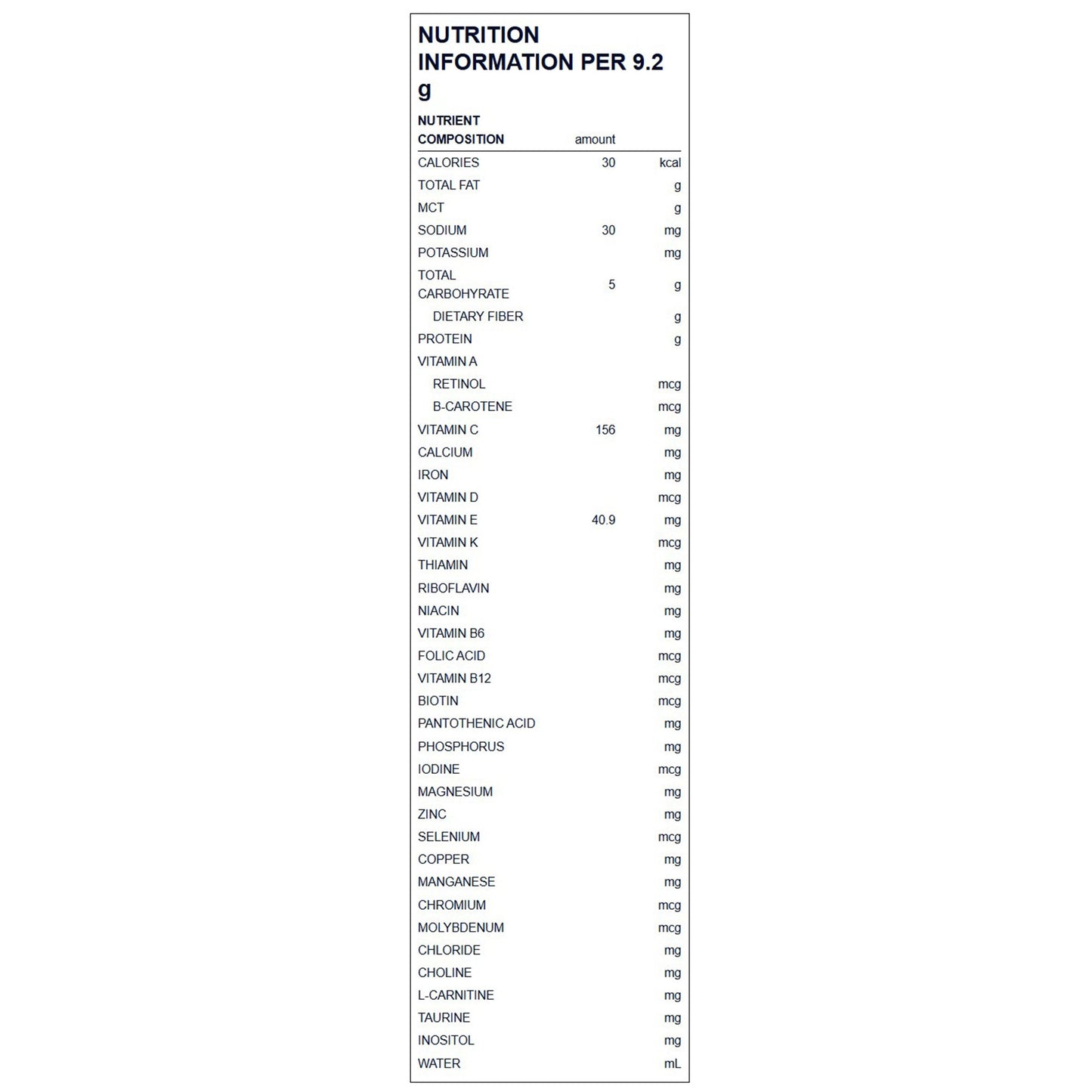 Nutrition information label with various nutrients and their amounts on a white background