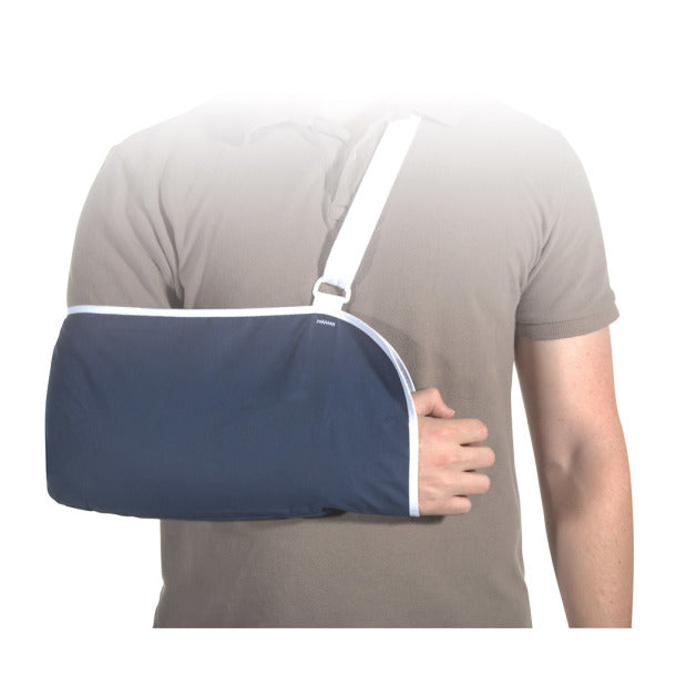 Person wearing a blue arm sling on a white background
