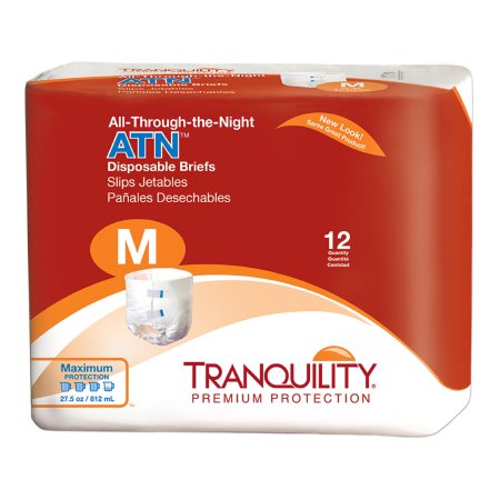 Pack of Tranquility disposable briefs with red and white packaging.