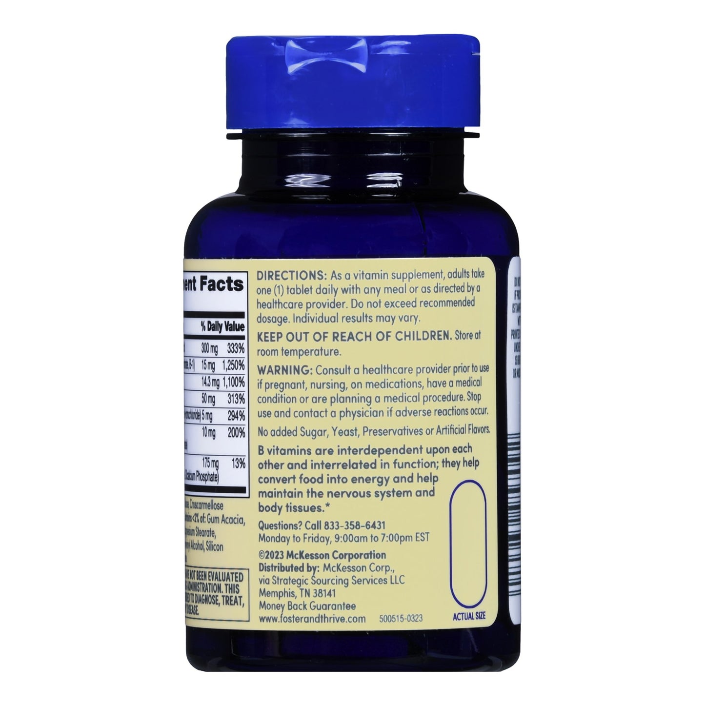 Vitamin supplement bottle with blue cap and label on a white background