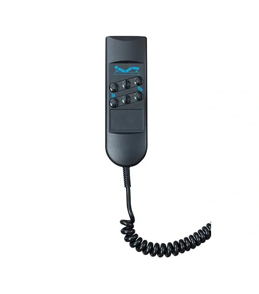 Black remote control with coiled cable on a white background